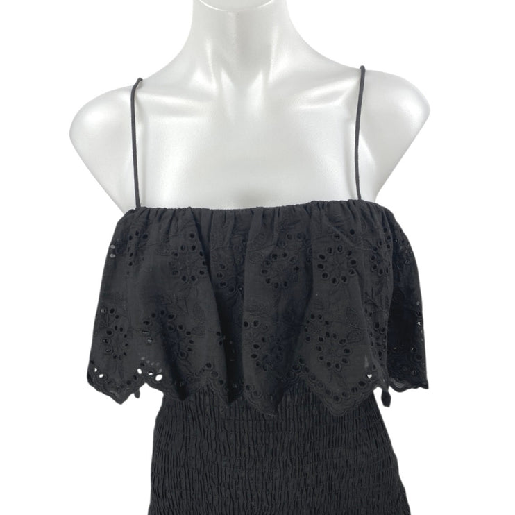 Zara Black Sleeveless Embroidered Smocked Cami Tank Mini Bodycon Dress Size M