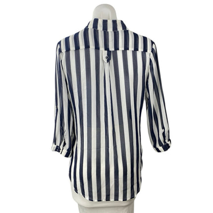 Xtaren Women's Blue White Striped 3/4 Sleeve Pocket Blouse Shirt Tunic Top Sz M