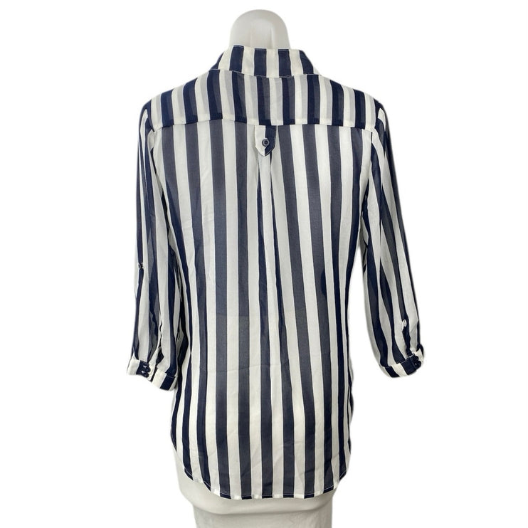 Xtaren Women's Blue White Striped 3/4 Sleeve Pocket Blouse Shirt Tunic Top Sz M