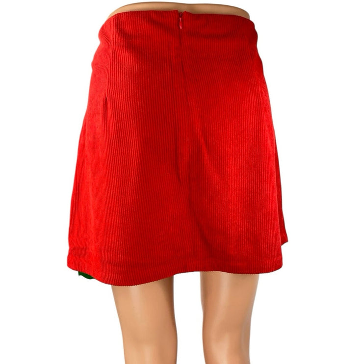 NEW Halara Women's Red Corduroy Pleated  Zip High Waist Mini A-Line Skirt Size L
