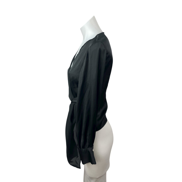 Zara Women's Black Silky Satin Sheer V Neck Long Sleeve Crop Wrap Blouse Top XS