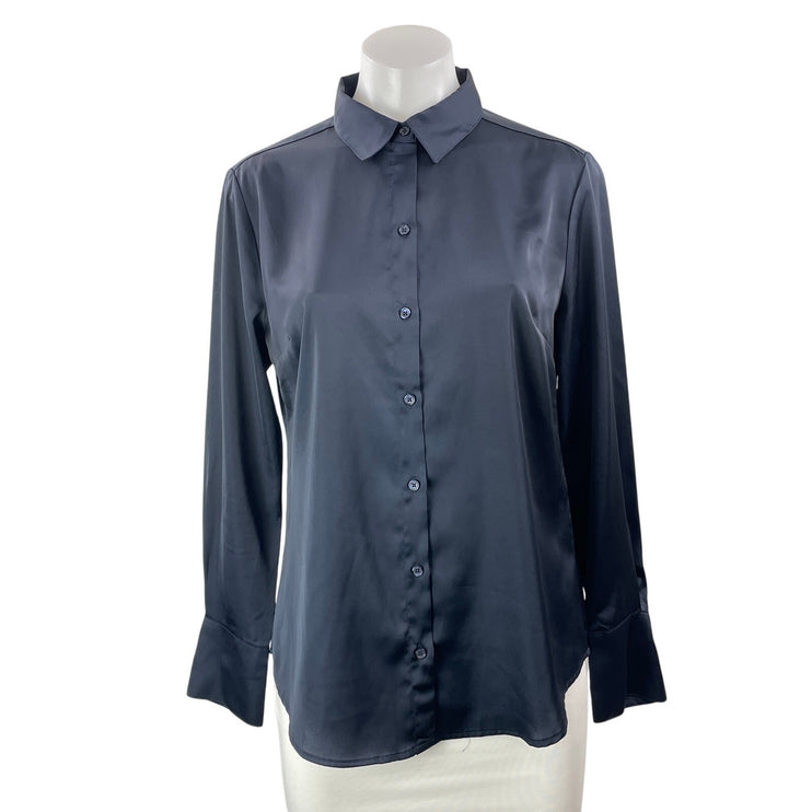 Banana Republic Women's Navy Blue Silk Satin Long Sleeve Button Down Shirt Top S