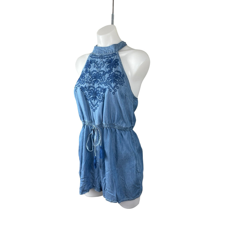 Blue Rair Blue Embroidered Halter Floral Sleeveless Chambray Romper Shorts Sz M