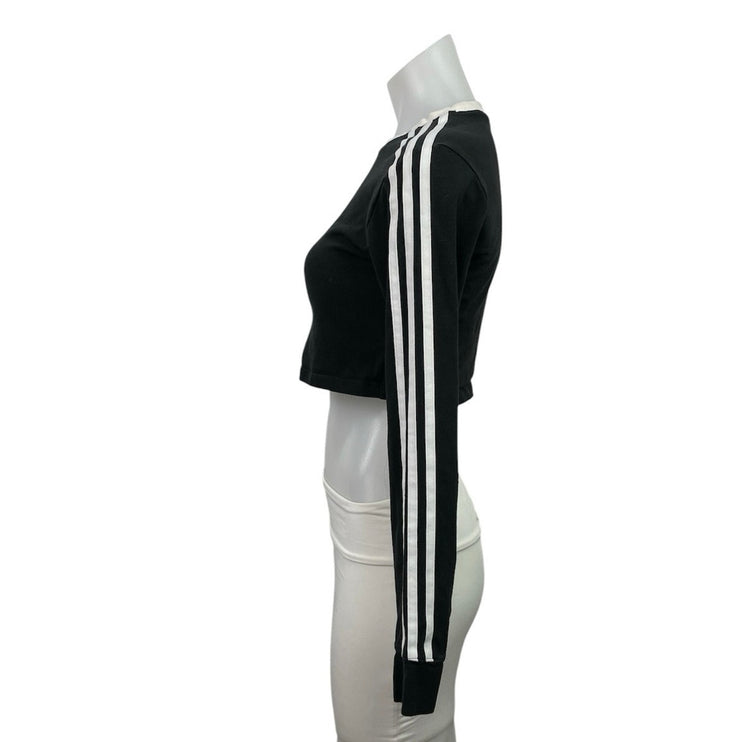 Adidas Women's Black White Striped Trefoil Logo Long Sleeve Crew Neck Crop Top M