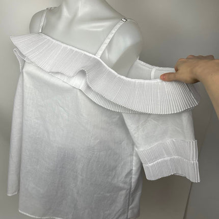 Ashley Stewart White Ruffle Pleated Square Cold Shoulder Tunic Blouse Top Sz 18