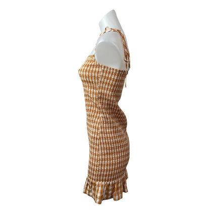 Reformation Gemini Women Coral Gingham Check Sleeveless Ruffle Tank Mini Dress M