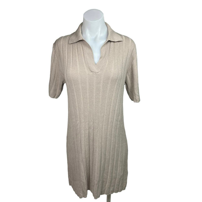 H&M Beige Ribbed Knit Short Sleeve Stretch Collared Polo Mini Dress Si Brie H&M Beige Ribbed Knit Short Sleeve Stretch Collared Polo Mini Dress Si Brie