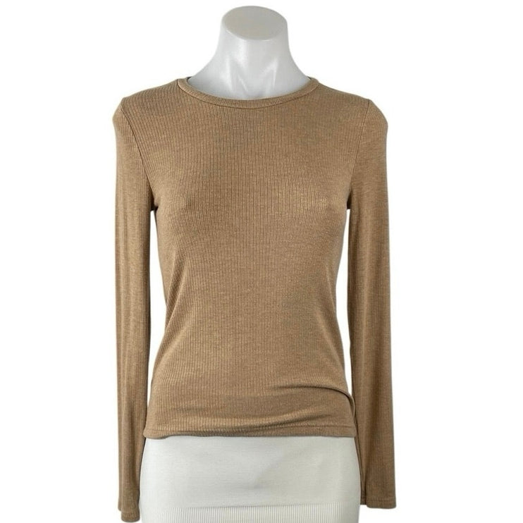 Banana Republic Women's Tan Ribbed Knit Long Sleeve Crewneck Sweater Top Size XS