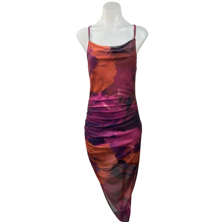 Shein Pink Orange Tie Dye Cowl Neck Asymmetric Camisole Mesh Midi Dress Sz 4