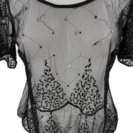 Women's Black Sequin Sparkly Lace Semi Sheer Short Sleeve Blouse Top Size S