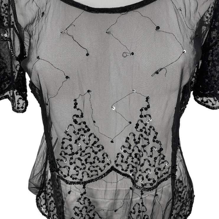 Women's Black Sequin Sparkly Lace Semi Sheer Short Sleeve Blouse Top Size S