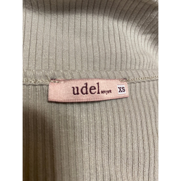 Udel NY Women's Beige Ribbed V-Neck Tie Waist Long Sleeve Wrap Blouse Top Sz XS