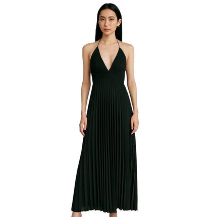 Alice + Olivia Black Halter Sleeveless Crochet Knit Pleated Maxi Dress Size 10