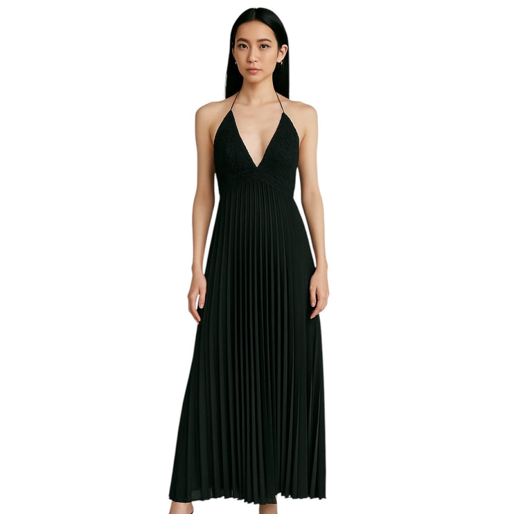 Alice + Olivia Black Halter Sleeveless Crochet Knit Pleated Maxi Dress Size 10