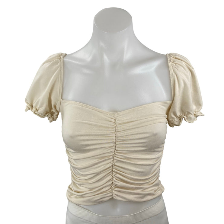 Reformation Fallow Womens Cream Ruched Puff Sleeve Square Neck Crop Blouse Top S