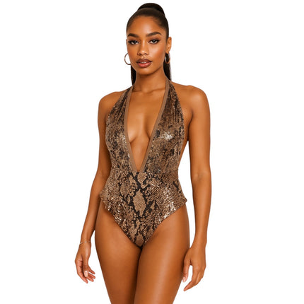NEW Fashion Nova Brown Snake Print Sequin Sleeveless Cami One Piece Swimwear XL