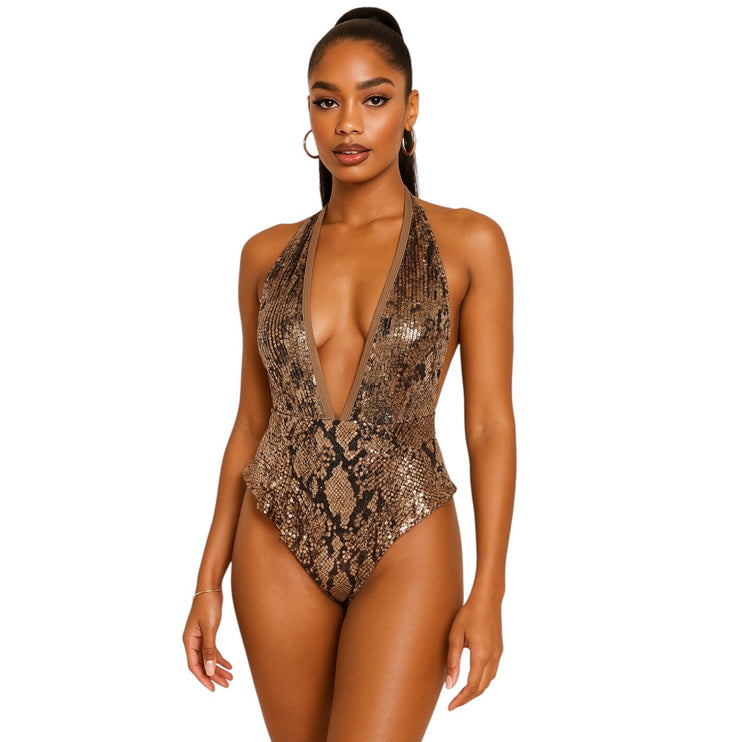 NEW Fashion Nova Brown Snake Print Sequin Sleeveless Cami One Piece Swimwear XL