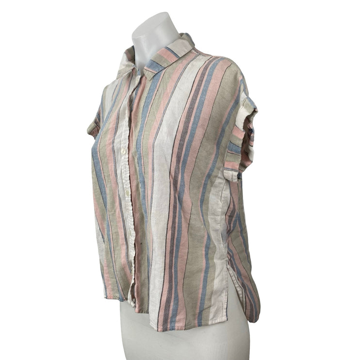 Sanctuary Women's Multicolor Linen Striped Short Sleeve Button Down Shirt Top S