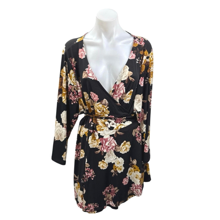 Torrid Women's Black Floral Long Sleeve Tie Deep V Neck Wrap Mini Dress Size 4