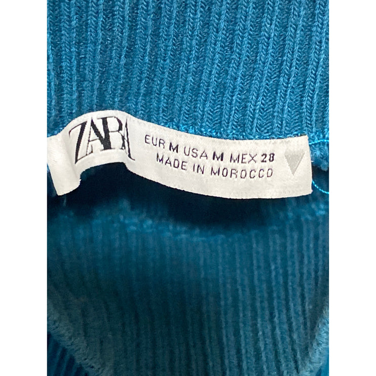 Zara Women's Blue Pleated Knit Plisse Turtleneck Sleeveless Blouse Top Size M