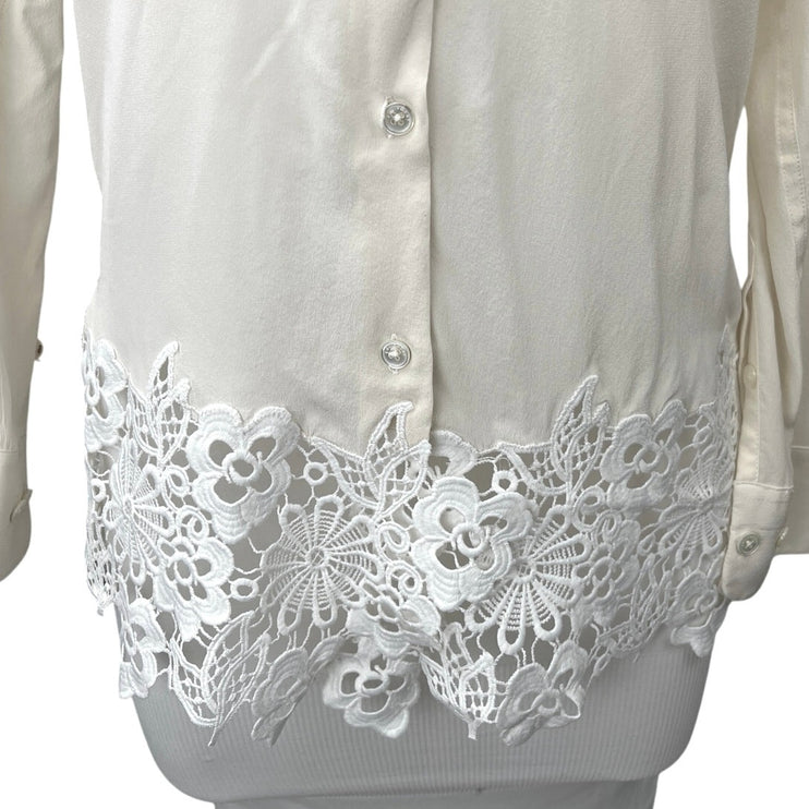 Equipment White Silk Lace Crochet Button Down Long Sleeve Shirt Blouse Top Sz S