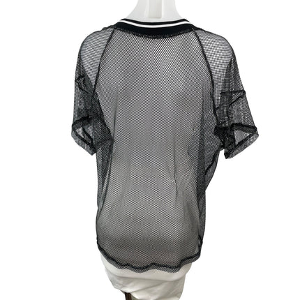 Women's Oversized Black Mesh Sheer Net V Neck Short Sleeve Sporty T-Shirt Top S