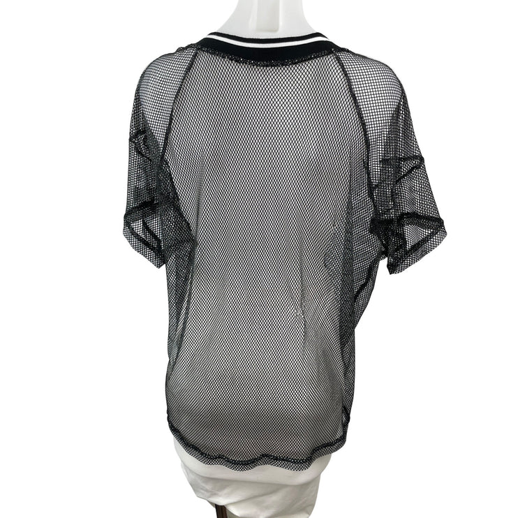 Women's Oversized Black Mesh Sheer Net V Neck Short Sleeve Sporty T-Shirt Top S