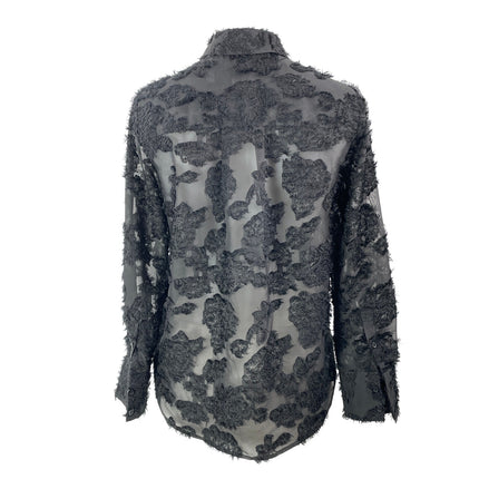 H&M Women's Black Long Sleeves Sheer Floral Jacquard Button Down Shirt Top Sz XS