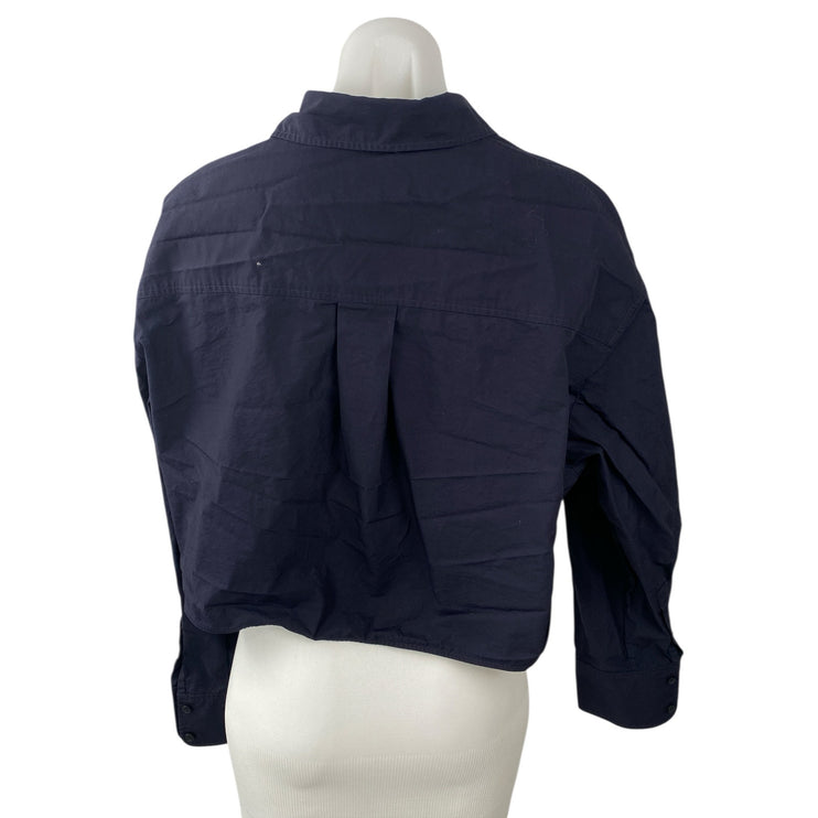 COS Women's Navy Blue Collared Long Sleeve Crop Button Down Shirt Blouse Top 8