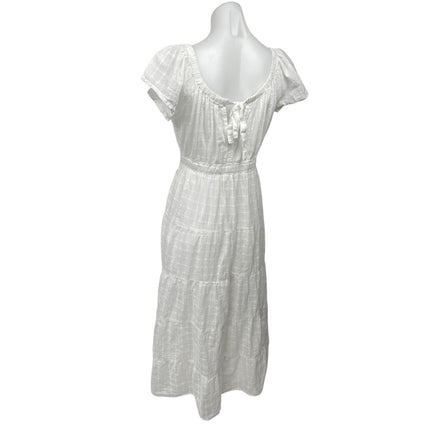 Mango MNG White Puff Sleeve Embroidered Checkered Tiered Midi A-Line Dress Sz 6