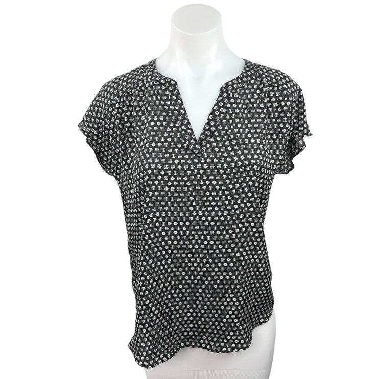 Banana Republic Black Pattern Printed V-Neck Short Sleeve Casual Blouse Top XS