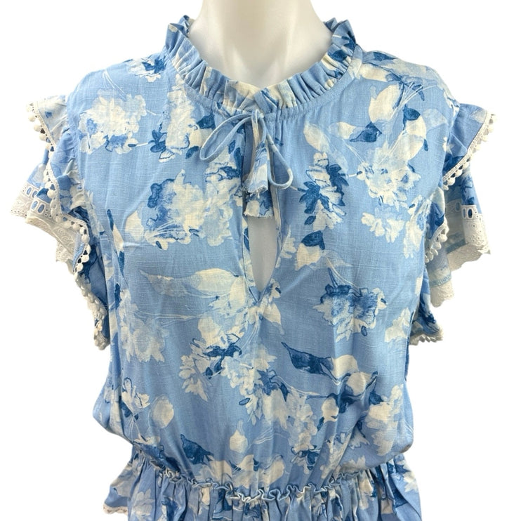 Misa Blue White Floral Ruffle Pompom Embroidered Tiered Mini Blouson Dress Sz L