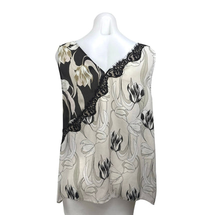 BCBGMaxazria Women's White Black Floral Sleeveless Asymmetric Tunic Blouse Top M