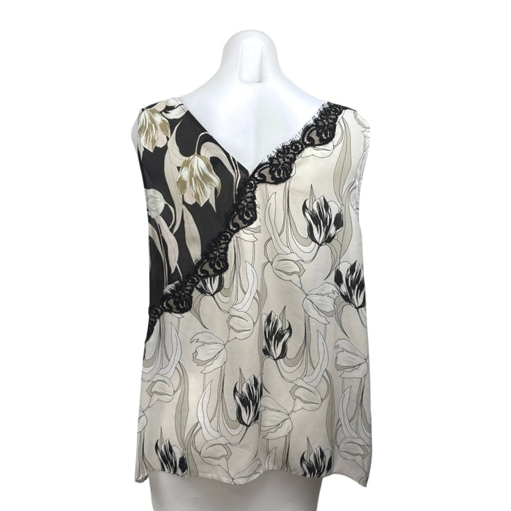 BCBGMaxazria Women's White Black Floral Sleeveless Asymmetric Tunic Blouse Top M