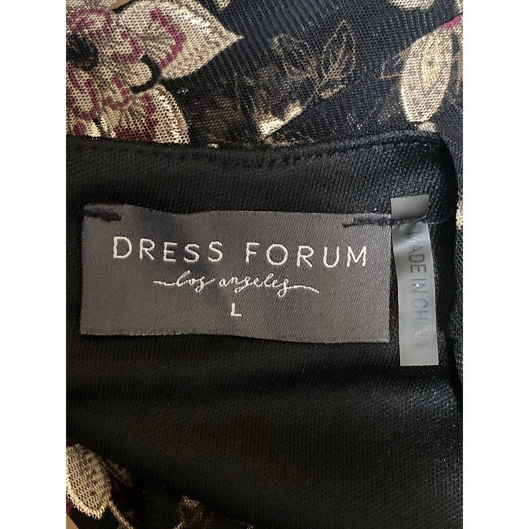 Dress Forum Black Beige Floral Long Sleeve Faux Wrap Surplice Midi Dress Size L