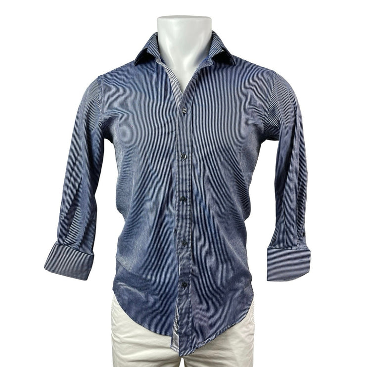 Zara Men Navy Blue Pinstriped Tailored Long Sleeve Button Down Shirt Top Size 14
