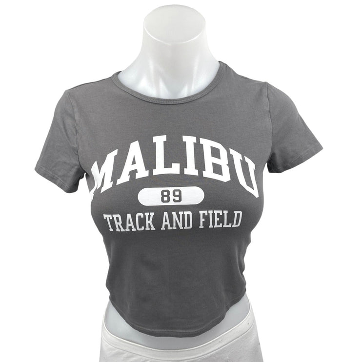 Hollister Malibu 89 Track and Field Gray Short Sleeve Crop Tee T-shirt Top Sz S