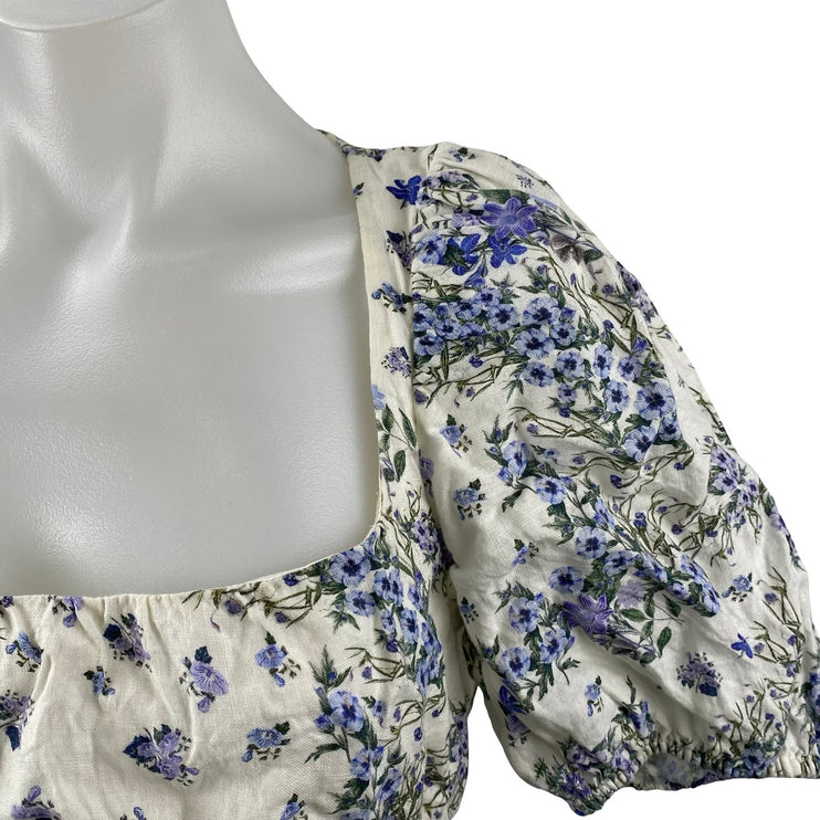 & Other Stories Blue White Floral Short Puff Sleeve Smocked Crop Blouse Top 4