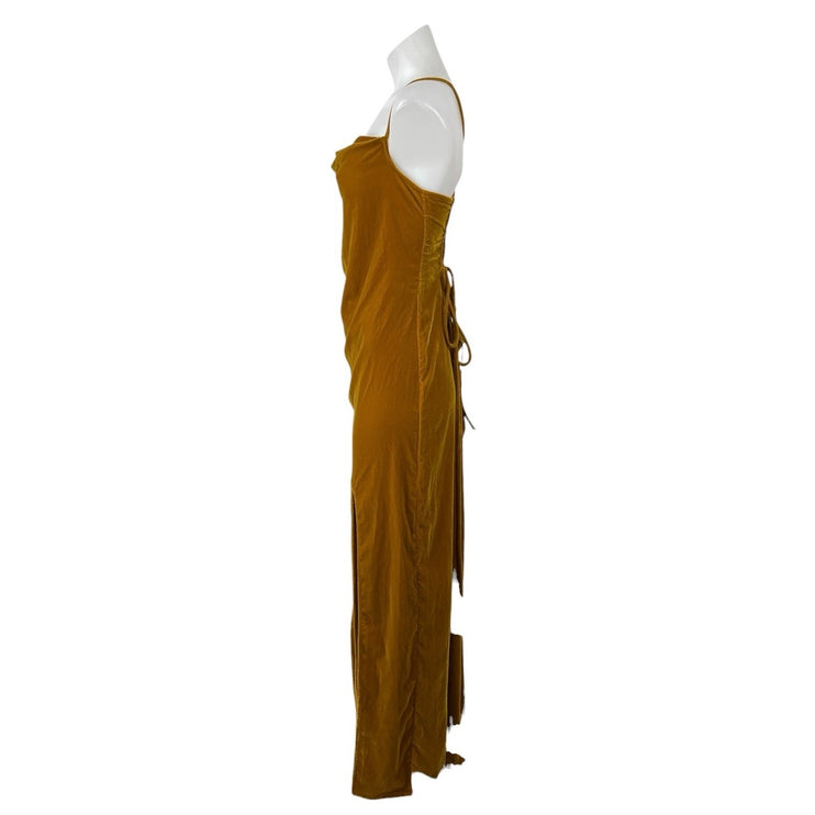 NEW Staud Gold Velvet Velour Cowl Neck Slit Lace Up Back Maxi Slip Dress Size L