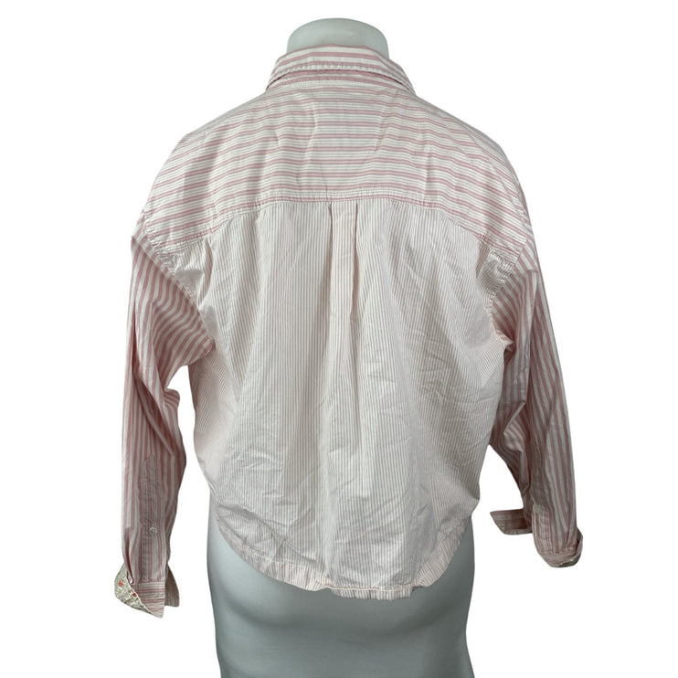 American Eagle Pink Stripe Collared Long Sleeve Cropped Button Down Shirt Sz XL