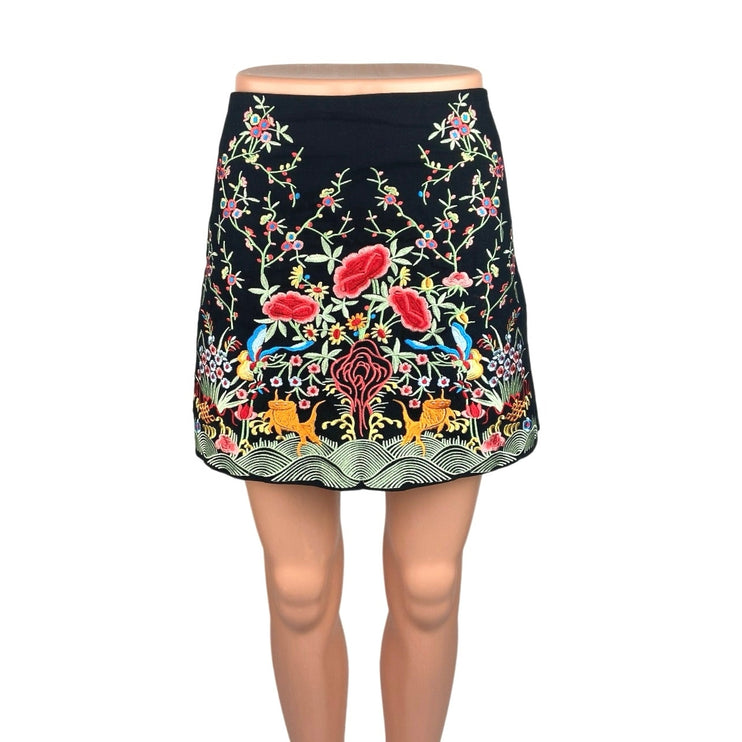 ZARA Black Jacquard Floral Embroidered Zip Up Casual Mini A-Line Skirt Size M