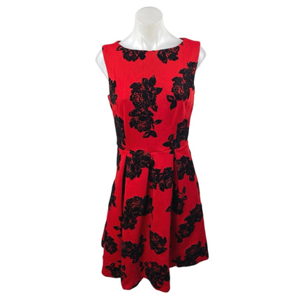 Sandra Darren Red Black Floral Jacquard Sleeveless Mini Fit & Flare Dress Size 8