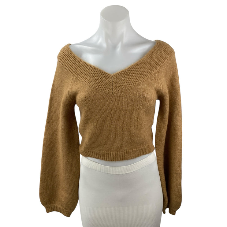 SAGE The Label Tan V Neck Long Balloon Sleeve Knit Cropped Sweater Top Size M