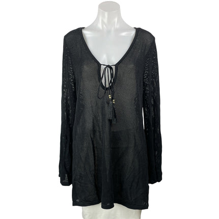 NEW House of Harlow 1960 Black Long Sleeve Tie Mesh Sheer Beach Cover Up Size L