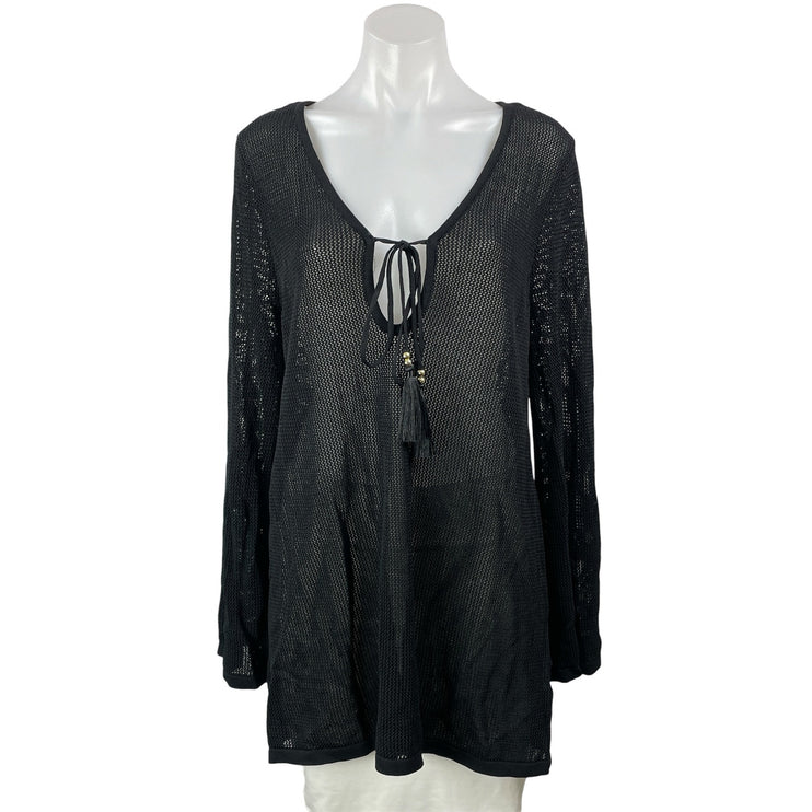 NEW House of Harlow 1960 Black Long Sleeve Tie Mesh Sheer Beach Cover Up Size L