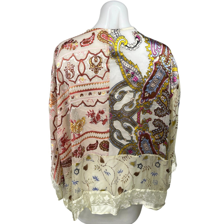 Anthropologie Floreat Silk Satin Paisley Patchworks Lace Kimono Cardigan Top S