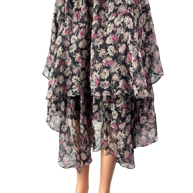 Loveshackfancy Alex Black 100% Silk Floral Tiered High Waist Midi Skirt Size XS