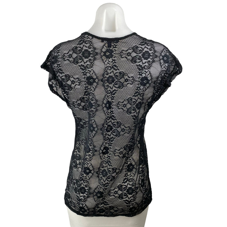 Gap Women's Black Floral Lace Sheer Short Cap Sleeve V Neck Blouse Top Size M