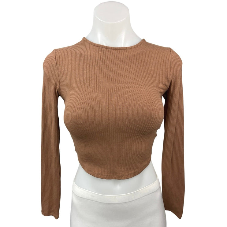 ASTR The Label Brown Ribbed Knit Cross Open Back Crew Neck Crop Top Size XS