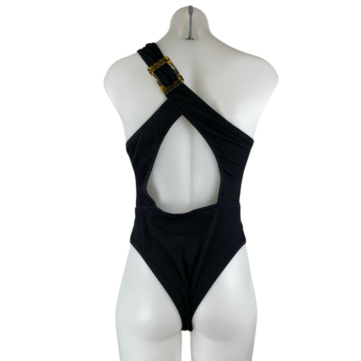 River Island Black Sleeveless One Shoulder Cutout Buckle One piece Swimsuit Sz 8